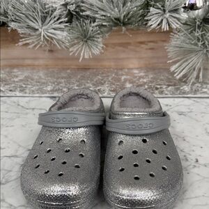 CROCS Kids Shiny Silver Slippers